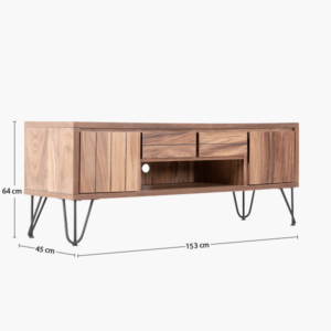 Mesa para TV Hankor esta elaborada de madera de Parota con patas de herreria en negro, un estilo chic industrial. Tiene dos cajones al cen