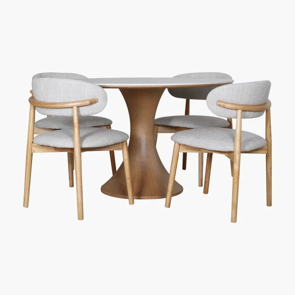 Comedor Pavi Garda Roble/Claro - Mesa con cubierta en piedra sinterizada clara y base en fresno sólido con cha...