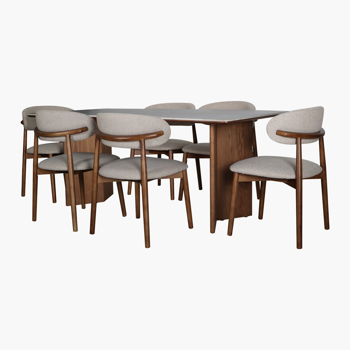 Comedor Trento Garda Nogal/Gris - Mesa con cubierta en cerámica gris y base en madera sólida tono nogal