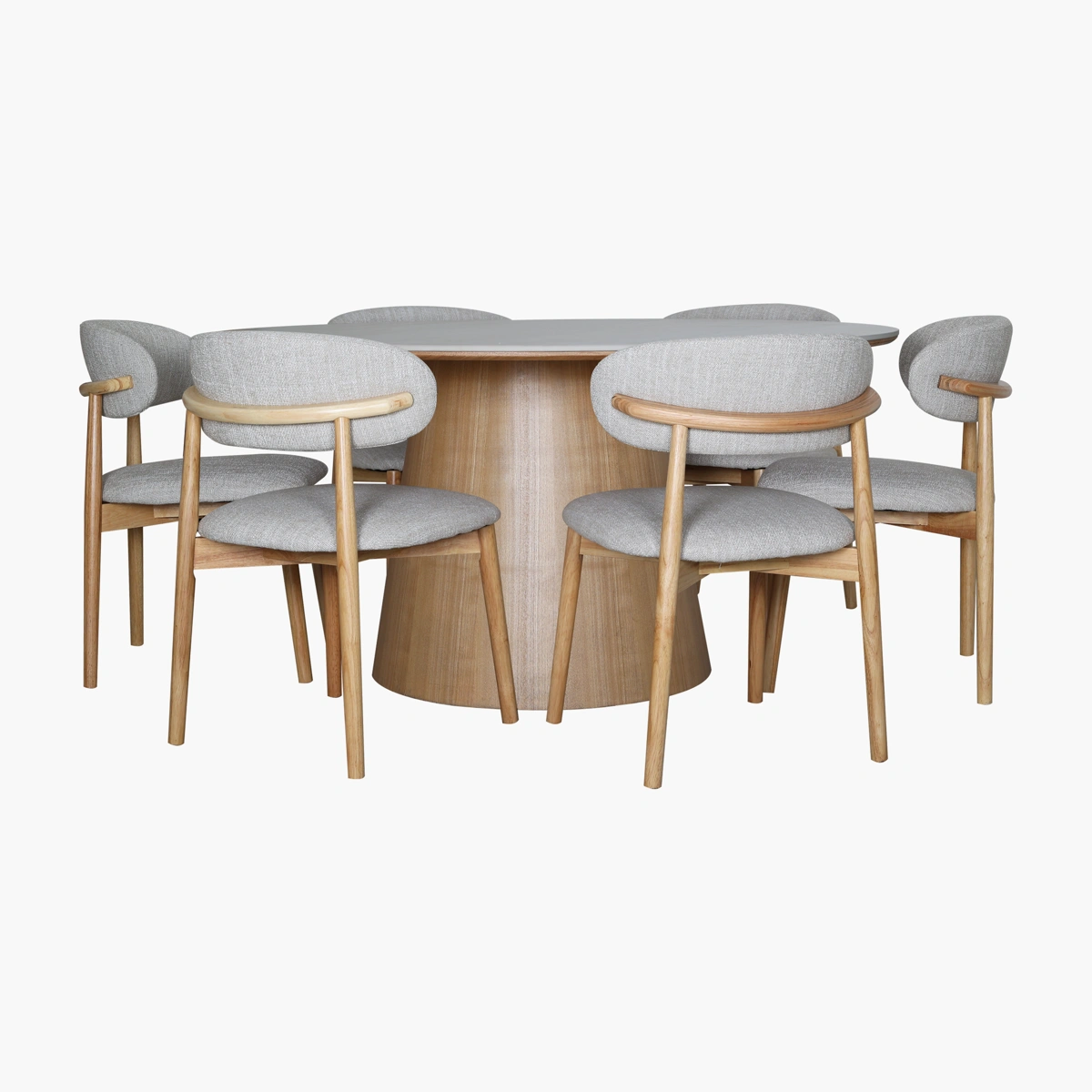 Comedor Pava Garda Roble/Claro - Mesa con cubierta en piedra sinterizada clara y base en fresno con chapa de r...