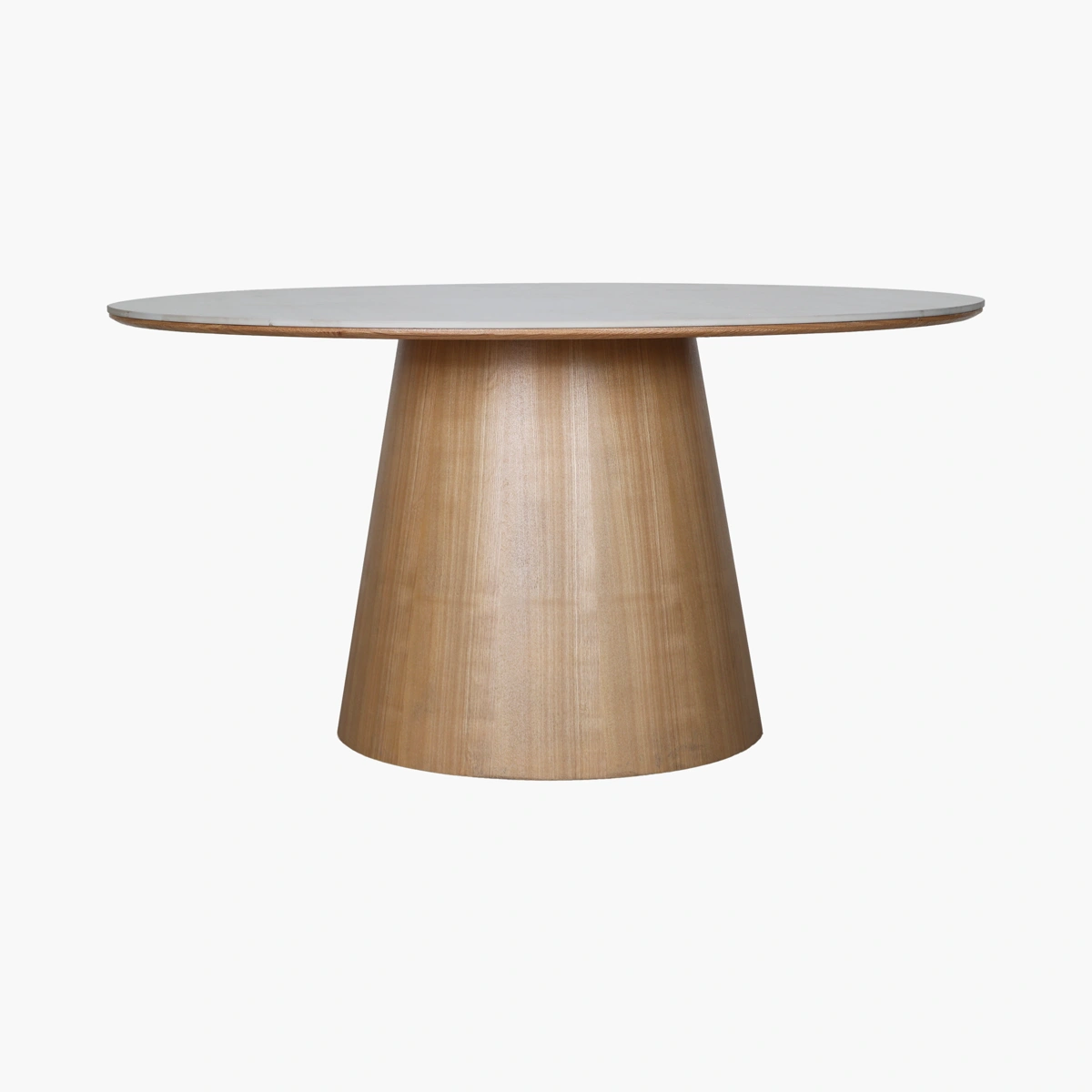 Mesa Pava Roble/Claro - Cubierta en piedra sinterizada clara y base en fresno con chapa de roble