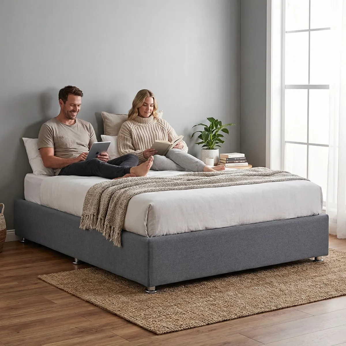 Base Queen Size Verona Tapizada en Gris - ambientada en uso