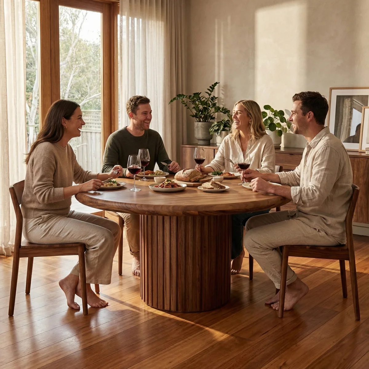 Mesa Bacalar Redonda Parota 150cm - ambientada en uso