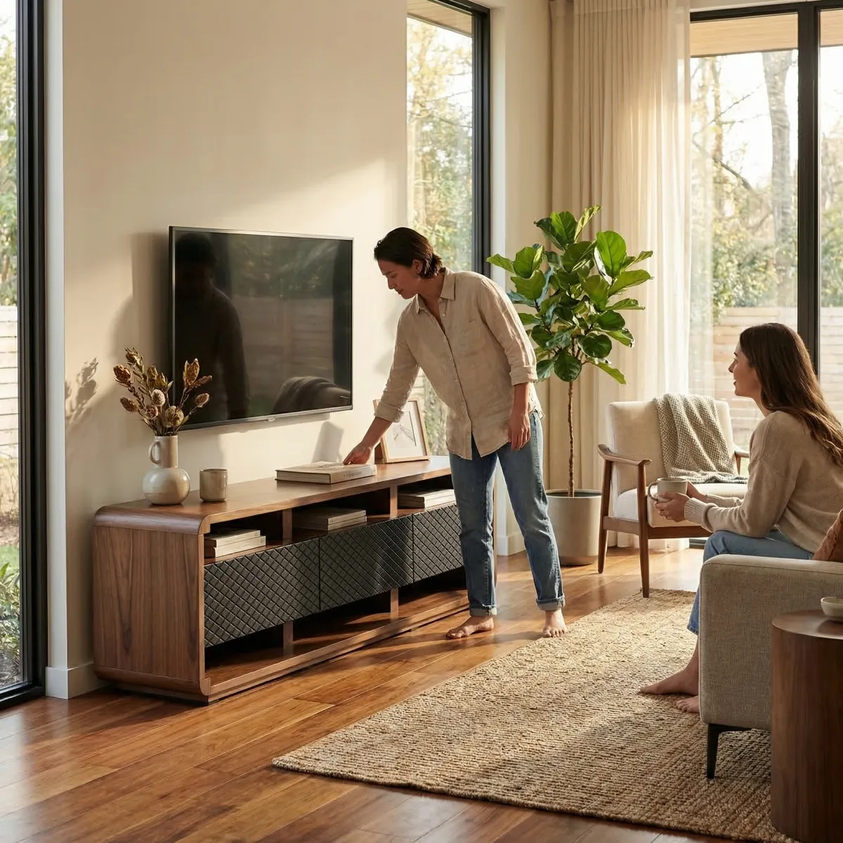 Mesa de TV Loren Nogal - ambientada en uso