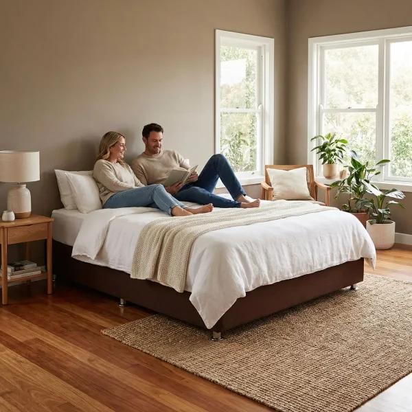 Base Matrimonial Verona Tapizada en Café - ambientada en uso