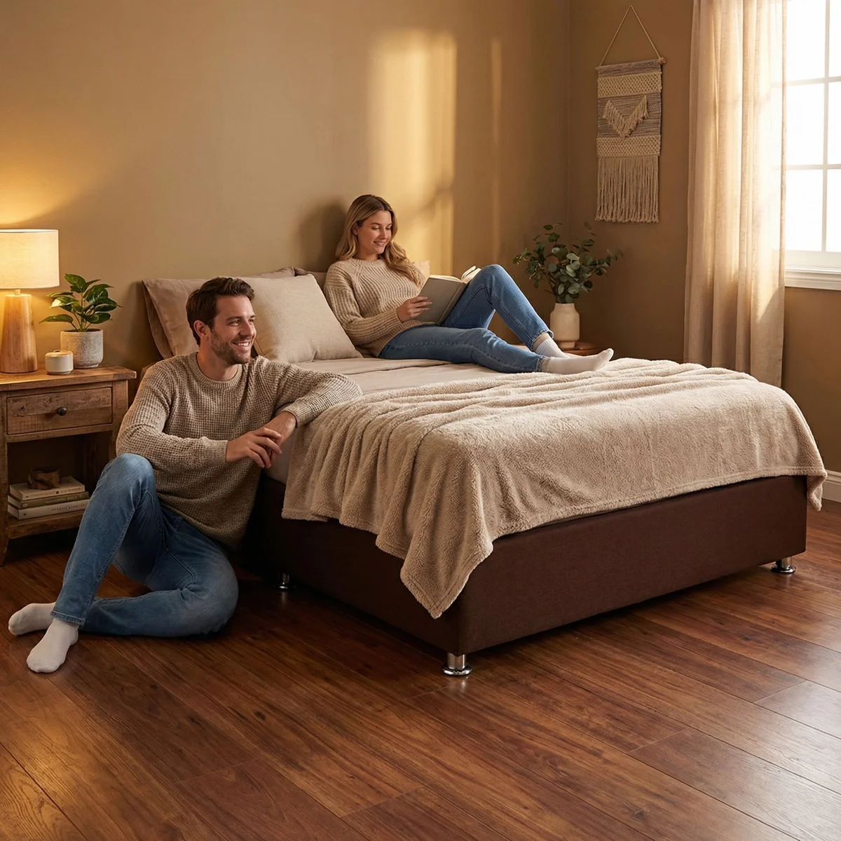 Base Queen Size Verona Tapizada en Café - ambientada en uso
