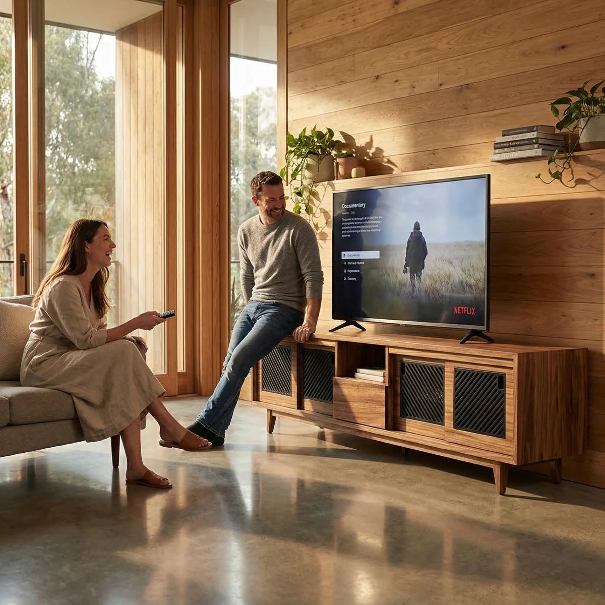 Mesa para TV Oris Parota - ambientada en uso
