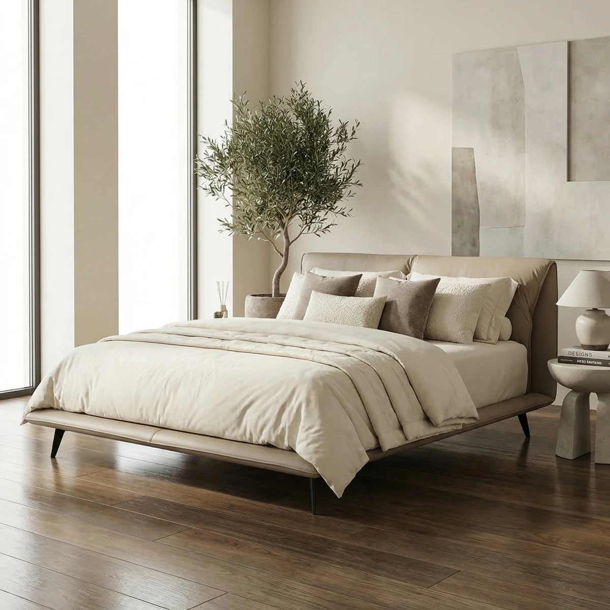 66306-Cama-Yugana-Queen-Size-Piel-Café-ambientada-03 Cama Yugana Queen Size Piel Café - foto ambientada