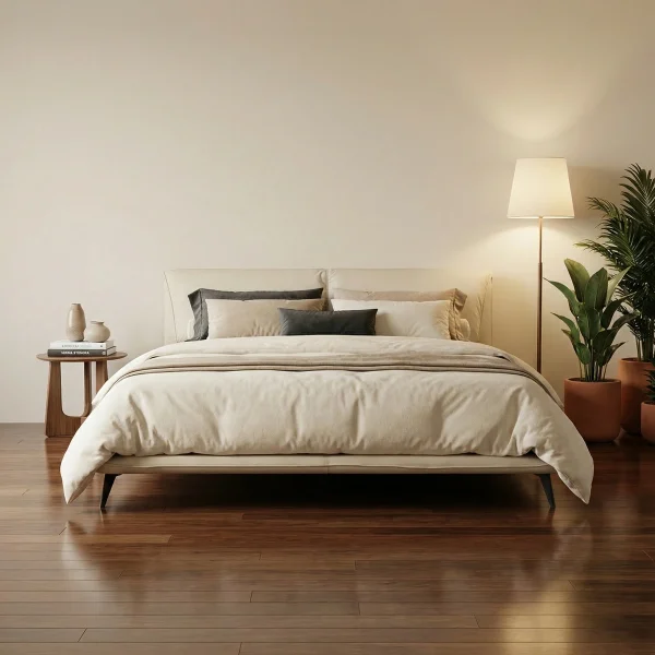 Cama Yugana Queen Size Piel Marfil - foto ambientada