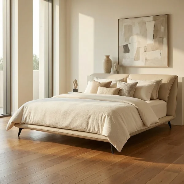 Cama Yugana King Size Piel Marfil - foto ambientada