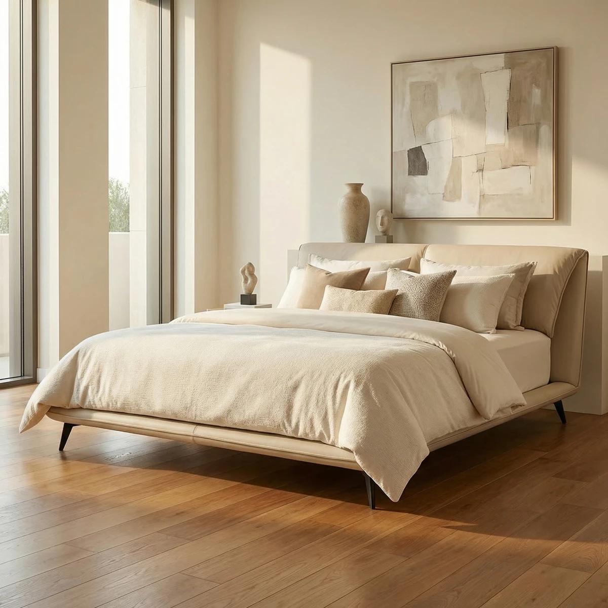 Cama Yugana King Size Piel Marfil - foto ambientada