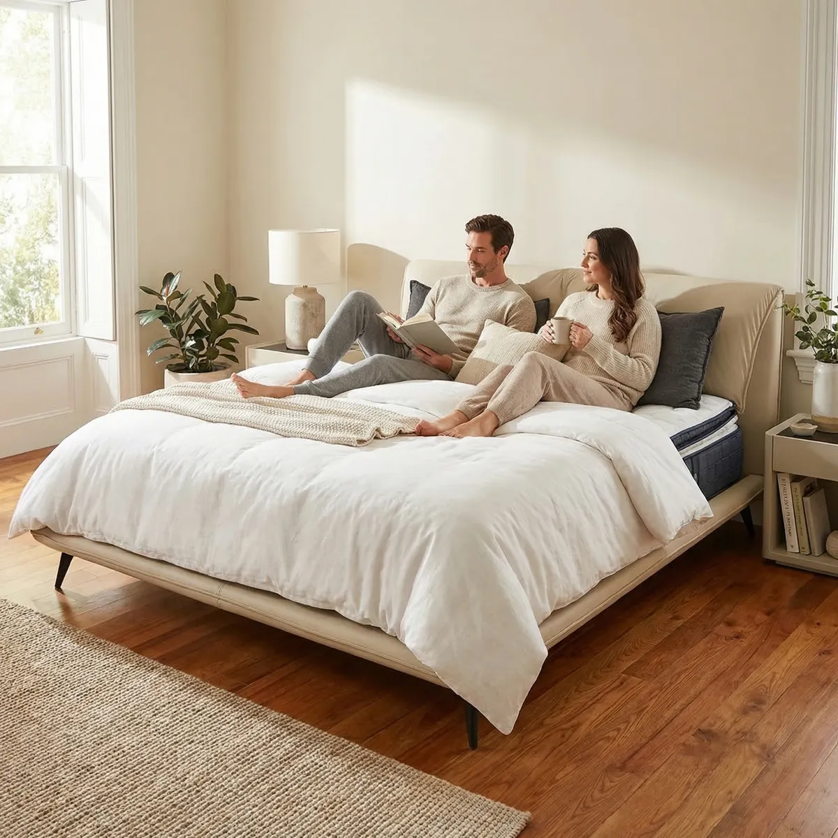 Cama Yugana King Size Piel Marfil - ambientada en uso