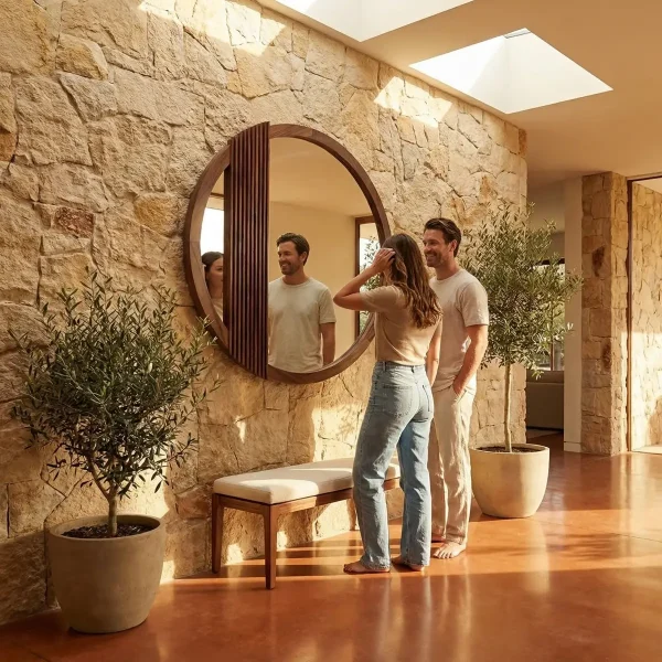 Espejo Redondo Uxmal Parota (120cm) - ambientada en uso