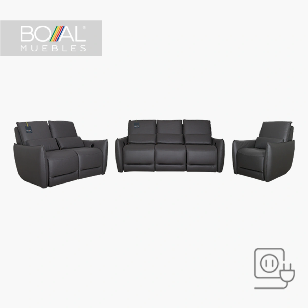 Sala 3-2-1 Reclinable Bennett Eléctrico Boal Gris - Pino, Mecanismo Reclinable eléctrico y Tapiz Vinil